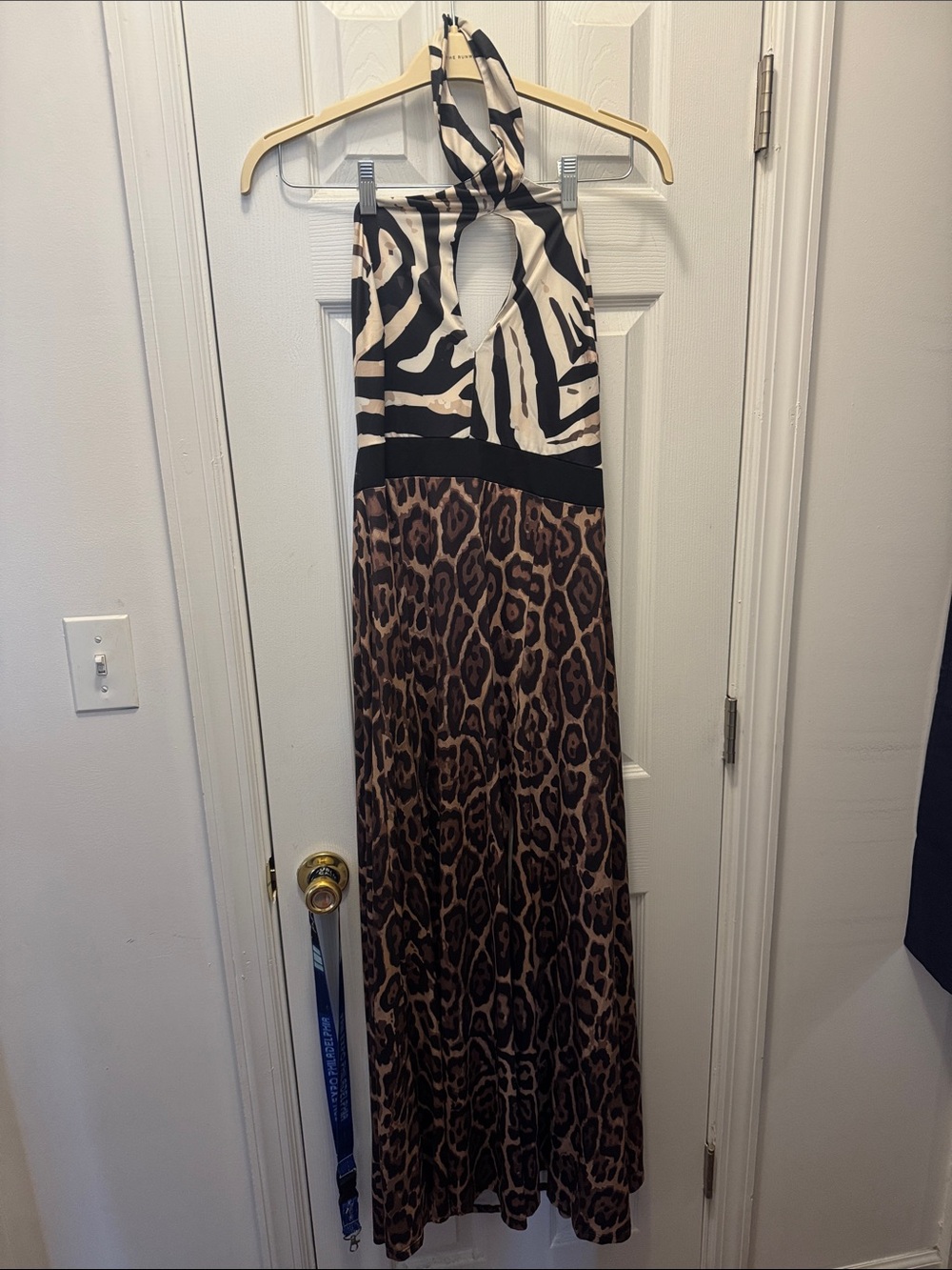 VENUS Black and Cream Halter Maxi Dress with Brown Leopard Skirt